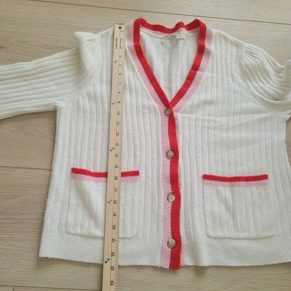 Loft Cardigan Sweater XL Cream‎ Red Pink Soft Knit V-Neck Button-Front - Picture 8 of 9